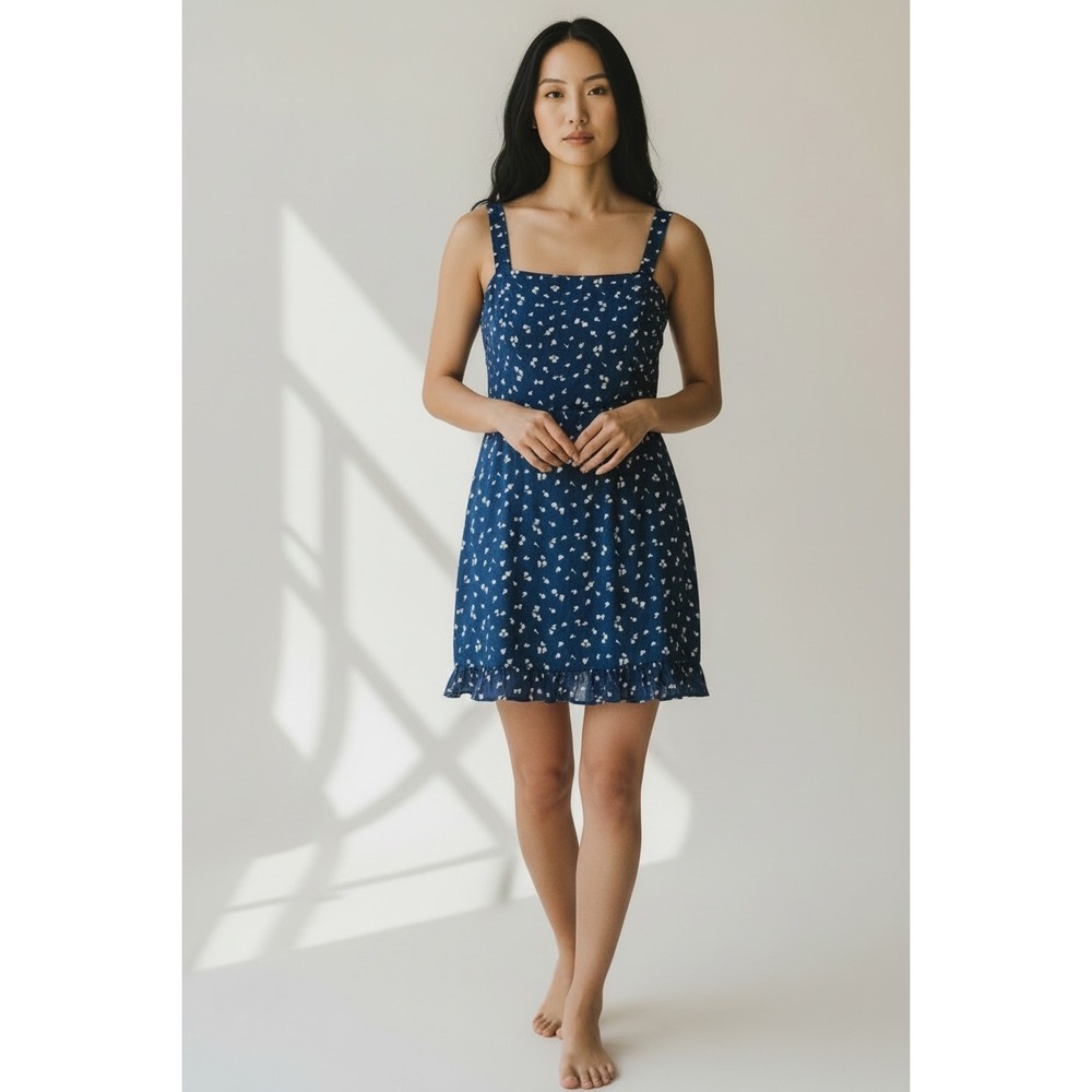 Hollister Navy Blue Floral Ruffle Hem Mini Dress Square Neck NWT XS